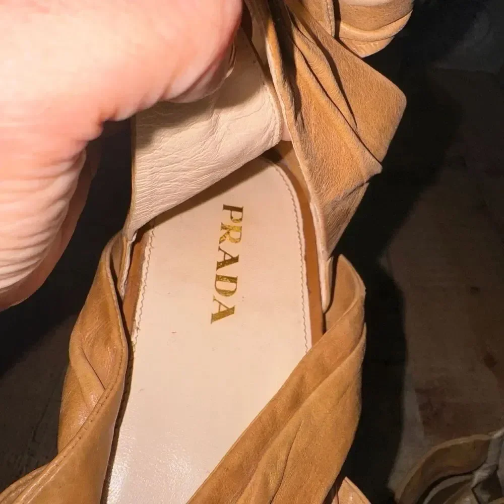 Prada Tan Pleated Leather Caged Flat Sandals Size 38.5